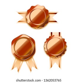 Set os bright bronze awards with tapes, glossy winner badges isolated on white