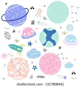 Set os cartoon cute space objects, planets, stars and comets.Modern hand drawn style. Vector Illustration.