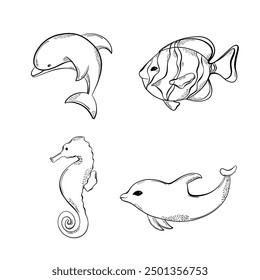 Set so niedlich Linie Technik Delfin und Fisch. Handgezeichnete Elemente. Meerestiere. Vektor Doodle Cartoon-Set von Meereslebewesen Objekte für Ihr Design.