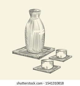 Set os Japanese sake and cup isolated on white background. Ceramic bottle sake hand drawn sketch. Traditional asian rice alcohol drink. Engraving vintage style. Vector illustration.