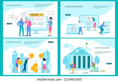 Set os Landing webpage template of electronic news, voting, Mobile banking, donation of money and volunteering. Flat Art Vector Illustration.