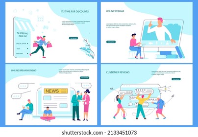 Set Os Landing Webpage Template Of Electronic News, E Commerce Retail And E Learning. Flat Art Vector Illustration.