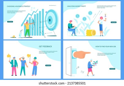Set os Landing webpage template of office work, teamwork, Hiring employees, Mental rehabilitation. Flat Art Vector Illustration.