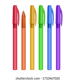 Set os Multi-colored pens isolated on white background. front View from above, vector eps 10 illustration