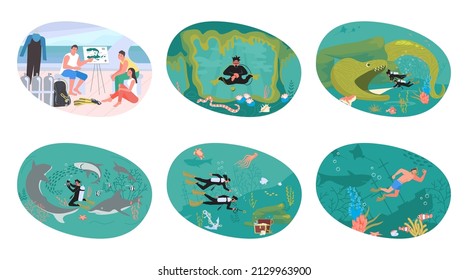 Set os scuba diving man and woman on the sea bottom. Landscape of underwater with divers. Flat Art Vector illustration