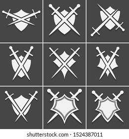 Set os shield and sword icon on a black background with shadow.