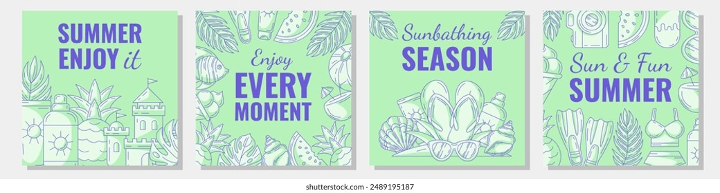 Set os summer beach square card with bright minimalist monochrome seasonal elements and accessories border frame. Summertime concept. For postcard, social media, poster, banner, invitation or flyer