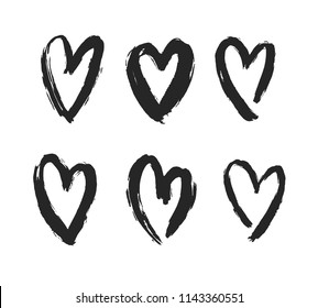 Set os vector black hearts isolated on white background. Hand drawn hearts painted with brush. Grunge rough brush stroke. Decorative design element. Eps 10.