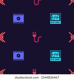 Set Oscilloscope, Online play video, Electric plug and Speaker mute on seamless pattern. Vector