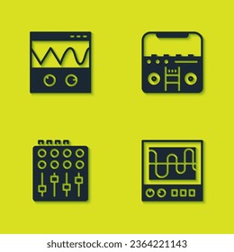 Ajuste Oscilloscope, , Controlador de mezclador de sonido y estéreo residencial con icono de altavoces. Vector