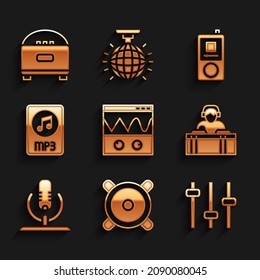 Set Oscilloscope, Stereo speaker, Music equalizer, DJ playing music, Microphone, MP3 file document, player and  icon. Vector