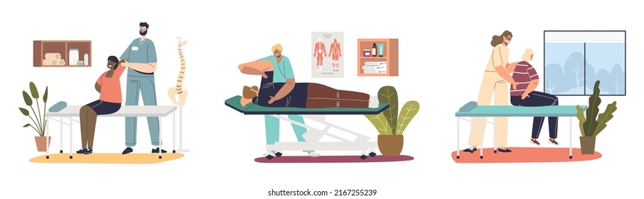 Set of osteopath manual therapist doctor massaging patients, treatment procedures for spine and back health. Massage physiotherapy body care concept. Cartoon flat vector illustration