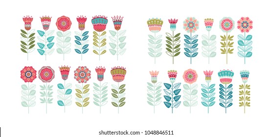 Set ot Cute Floral Vector Elements. Colorful Cartoon. Hand-drawn isolated flowers in doodle style, stylized vector illustration. For textile, greeting cards, wedding invitation, wrapping, wallpaper