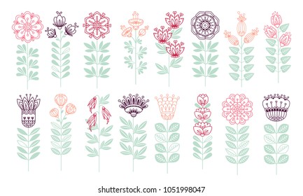 Set ot Cute Floral Vector Elements. Colorful Cartoon. Hand-drawn isolated flowers in doodle style, stylized vector illustration. For textile, greeting cards, wedding invitation, wrapping, wallpaper