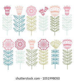 Set ot Cute Floral Vector Elements. Colorful Cartoon. Hand-drawn isolated flowers in doodle style, stylized vector illustration. For textile, greeting cards, wedding invitation, wrapping, wallpaper