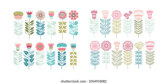 Set ot Cute Floral Vector Elements. Colorful Cartoon. Hand-drawn isolated flowers in doodle style, stylized vector illustration. For textile, greeting cards, wedding invitation, wrapping, wallpaper