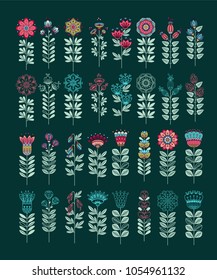 Set ot Cute Floral Vector Elements. Colorful Cartoon. Hand-drawn isolated flowers in doodle style, stylized vector illustration. For textile, greeting cards, wedding invitation, wrapping, wallpaper