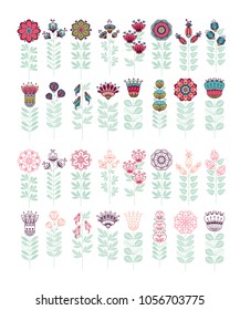 Set ot Cute Floral Vector Elements. Colorful Cartoon. Hand-drawn isolated flowers in doodle style, stylized vector illustration. For textile, greeting cards, wedding invitation, wrapping, wallpaper