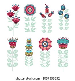 Set ot Cute Floral Vector Elements. Colorful Cartoon. Hand-drawn isolated flowers in doodle style, stylized vector illustration. For textile, greeting cards, wedding invitation, wrapping, wallpaper
