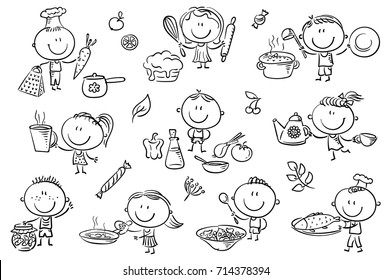 A set ot funny sketchy kids cooking different food.
