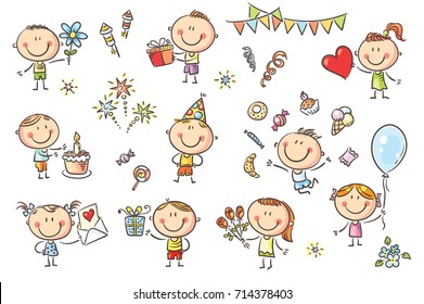 A set ot funny sketchy kids celebrating birthday party with sweets, cakes and flowers.