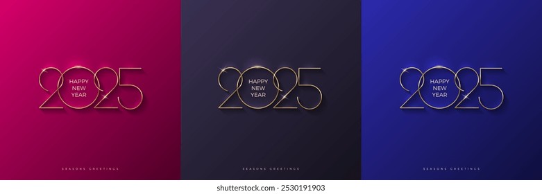 Definido para dourado 2025 logotipo de Ano Novo. Feliz sinal de ouro de ano novo. Cartão comemorativo de feriado. Projeto para folheto, cartão de saudação, convite, calendário, etc. Ilustração vetorial.