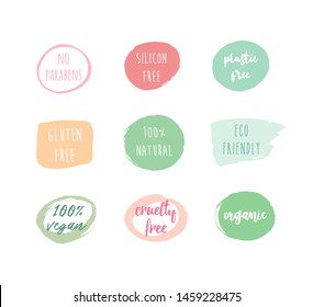 Set ot hand drawn colorful badges design paraben free, silicon free, vegan; organic, natural, gluten free, eco friendly, cruelty free,