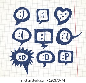 Set ot hand drawn smiles in speech bubbles. Cool as avatars. Vector blog decoration elements.