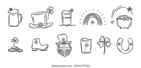 Set ot hand drawn traditional symbols of St Patrick's Day, including hats, beer mug, leprechaun, pot with golden coins, rainbow. Irish culture, festive joy. Symbols for St Patrick's Day