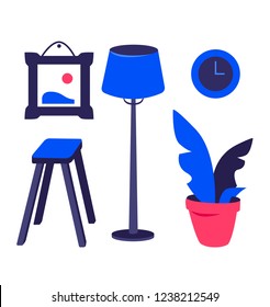 Set ot interior flat icons or images. Picture,  
clock, floor lamp, stool, bedside table, lamp, potted plant. Decoration. Simple vector.