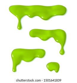 Set ot of melted dripping slime. Oozing green liquid paint. 3d realistic vector illustration isolated on white background. Halloween design. Flowing melted toxic blob. Horizontal leaking border