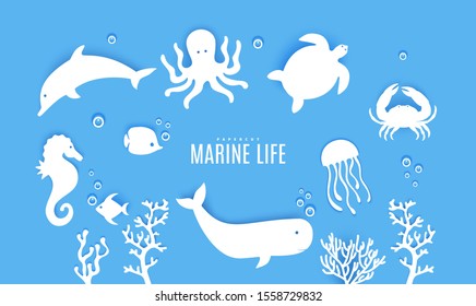 Set ot silhouette of marine life cut out of paper. Sea horse jumping dolphin whale crab, octopus, fish, algae, medusa, turtle. Collection papercut 3d element. Vector Ocean Day concept elements