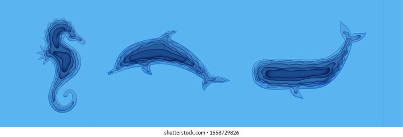 Set ot silhouette of a sea horse jumping dolphin whale cut out of paper. Collection papercut 3d element marine life. Craft cardboard underwater ocean cave in blue color. Vector Ocean Day concept