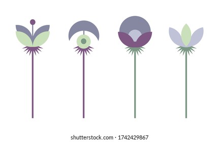 Establecer como elementos vectores florales simples. Flores aisladas dibujadas a mano en estilo escandinavo, ilustración vectorial estilizada. Para textiles, tarjetas de felicitación, invitación a la boda, envoltura, papel tapiz