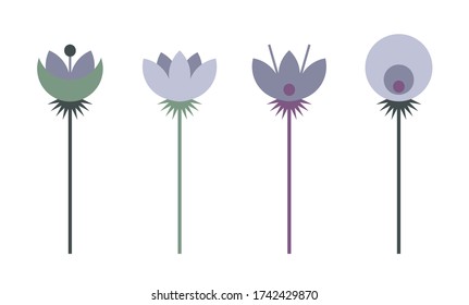 Establecer como elementos vectores florales simples. Flores aisladas dibujadas a mano en estilo escandinavo, ilustración vectorial estilizada. Para textiles, tarjetas de felicitación, invitación a la boda, envoltura, papel tapiz