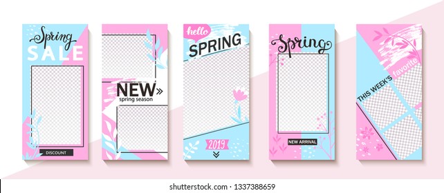 Set ot spring insta templates for stories, sales and news. Backgrounds for your design, for social media landing page, website, mobile app and poster, flyer, coupon, gift card. Vector illustration.