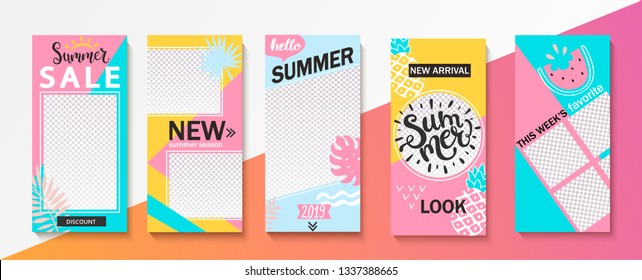 Set ot summer insta templates for stories, sales and news. Backgrounds for your design, for social media landing page, website, mobile app and poster, flyer, coupon, gift card. Vector illustration.