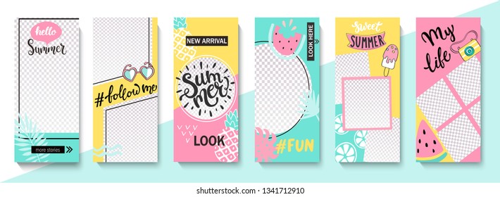 Set ot summer insta templates for life stories and news. Backgrounds for your design, for social media landing page, website, mobile app and poster, flyer, coupon, gift card. Vector illustration.