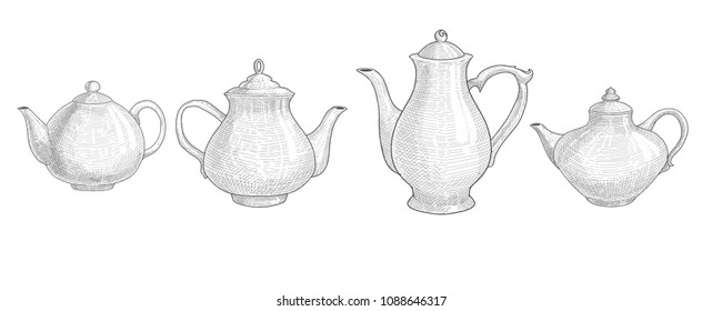 Set ot teapots. Hand drawn vector illustration.