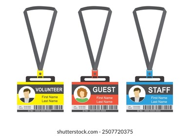 Set ot three plastic and laminated badges or id cards, design template, isolated on white background, flat vector illustration