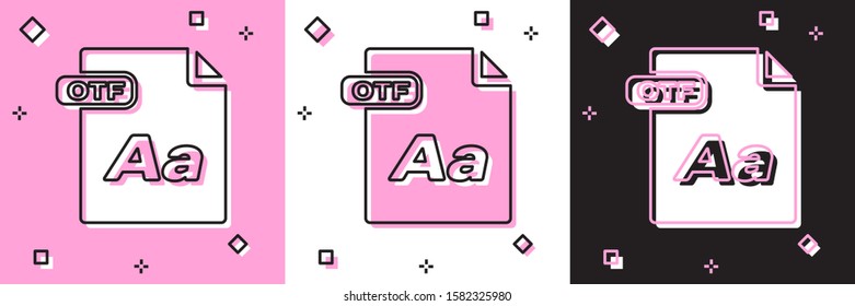 Set OTF file document. Download otf button icon isolated on pink and white, black background. OTF file symbol.  Vector Illustration
