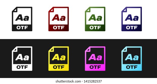 Set OTF file document icon. Download otf button icon isolated on black and white background. OTF file symbol. Vector Illustration