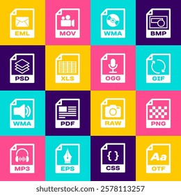 Set OTF file document, PNG, GIF, WMA, XLS and PSD icon. Vector