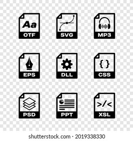 Legen Sie das OTF-Dateidokument, SVG, MP3, PSD, PPT und XSL-Symbol fest. Vektorgrafik