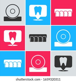 Set Otolaryngological head reflector, Dental clinic location and Dentures model icon. Vector