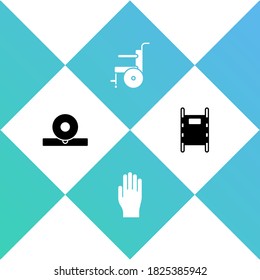 Set Otolaryngological head reflector, Medical rubber gloves, Wheelchair for disabled person and Stretcher icon. Vector.