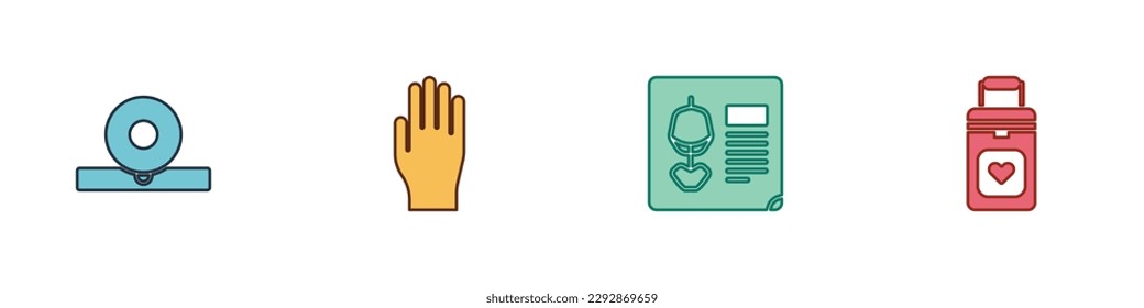 Set Otolaryngological head reflector, Medical rubber gloves, X-ray shots and Organ container icon. Vector