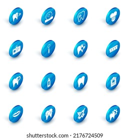 Set Otolaryngological head reflector, Tooth with caries, Dental implant, Id card tooth, inspection mirror, Dentures model and protection icon. Vector