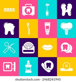 Set Otolaryngological head reflector, Tooth, Dental implant, Toothbrush, Broken tooth, Teeth with braces and Tube of toothpaste icon. Vector