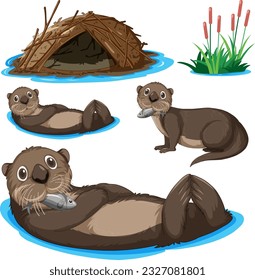 Set of otter cartoon character illustration